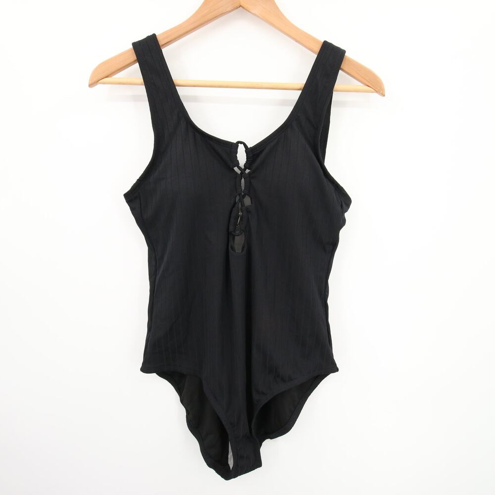 Kona Sol One Piece Swimsuit Black Ribbed Lace Up Scoop Neck Medium Coverage M